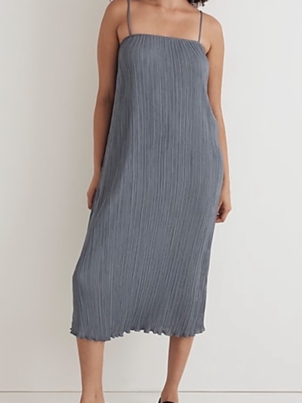 Madewell Slate Gray Pleated Spaghetti-Strap Midi Dress
